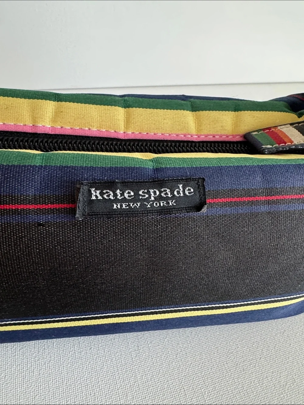 Vintage Kate Spade Striped Nylon Patent Leather Baguette Shoulder Bag Y2K
